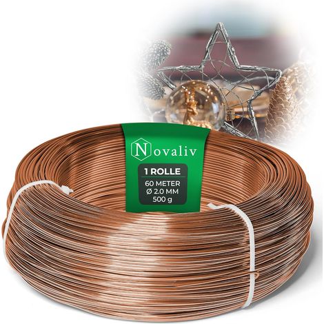 Fil d'aluminium Novaliv 60 mètres, cuivre 2 mm, idéal pour les loisirs créatifs, polyvalent pour les projets de bricolage et de décoration, rouleau