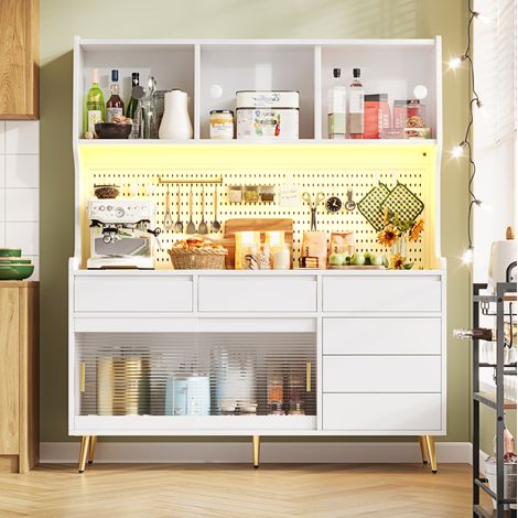 Meuble de rangement LED 145 x 39 x 171 cm blanc avec tiroir, MDF et verre DESVIAE (1/5)