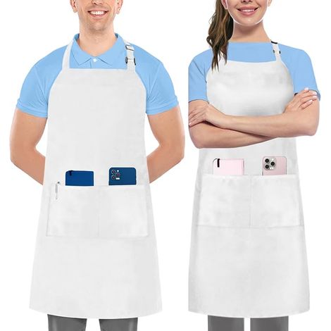 Confezione da 2 grembiuli da cucina per uomo e donna - Grembiule da barbecue con 2 tasche e cinghie regolabili, ideale per barbecue, ristorante, bar e giardinaggio - Bianco (1/5)