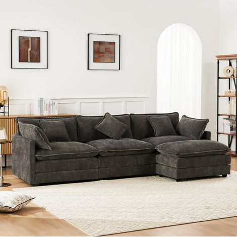 Canapé d'angle en chenille gris foncé 283 x 147 cm avec pouf mobile et méridienne en L