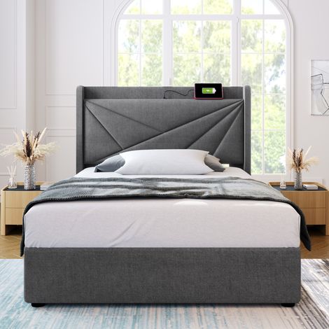 Letto contenitore Letto singolo imbottito 90 x 200 cm. Ricarica USB tipo C. In lino. Grigio. Senza materasso (1/5)