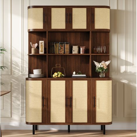 OKWISH Hochschrank mit Flechtoptik, 8 Türen und offenen Fächern, MDF, 120 x 40 x 180 cm, Nussbaum (1/5)