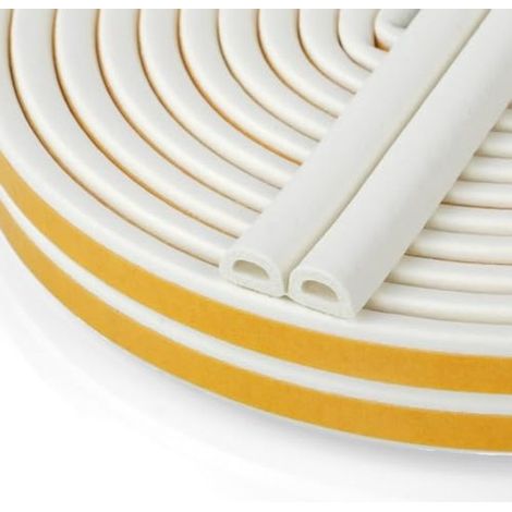 Burlete perfil D de 12 m – Junta autoadhesiva para ventanas y puertas – Espuma EPDM de 9 x 6 mm – Aislante acústico, antipolvo y térmico – Blanco (1/5)