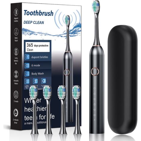 Brosse à dents électrique, brosses à dents électriques, brosse à dents électrique sonique, avec 4 têtes de brosse, autonomie de 60 jours pour adultes, 6 modes, noire-AquaForge