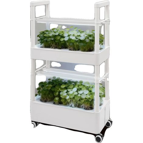 Carro hidropónico de 2 niveles, 28 orificios de plantación, depósito de agua de 20 L, fuente de alimentación de 220 V, luces LED de cultivo. (1/5)