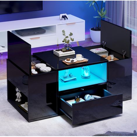 Mesa de centro 100 x 50 x 40 cm con cajón, 2 armarios y LED, negro DESVIAE (1/5)
