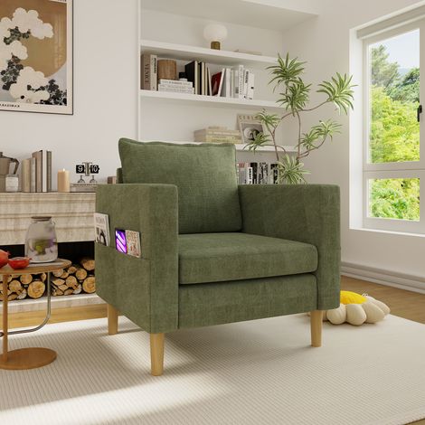 Sillón individual tapizado en chenilla, 71x68x82 cm, con bolsillos laterales, cojines incluidos, patas con efecto madera - verde oliva
