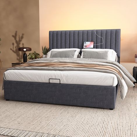 Cama tapizada moderna 140x200 cm gris, con cabecero LED ajustable, USB y Type-C, almacenaje y somier de láminas (1/5)