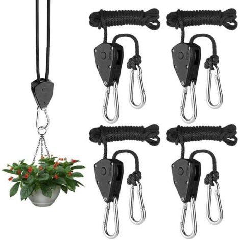 4 Pièces Corde à Cliquet avec Crochet,Sangle à Cliquet Corde 1/8 Pouce Corde de Crochet Réglable Sangle à Cliquet Tendeur à Cliquet pour Corde, Lampes,Les Pots de Jardinage Chaque Paire Porte 68 Kg (1/5)