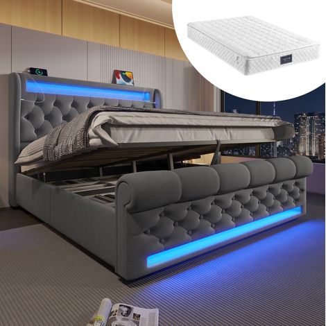 MEUBLIV Bett 140x200 cm Grau – hydraulischer Stauraum und LED, mit Matratze (1/5)