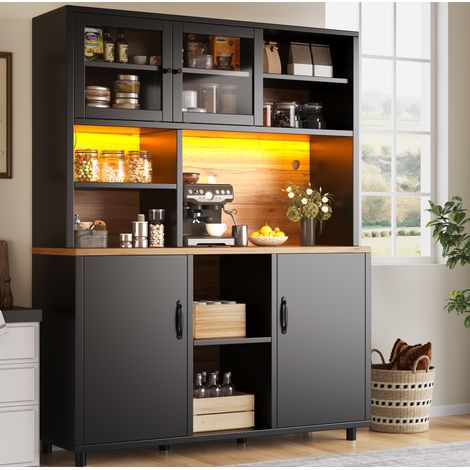 Buffet de cuisine 140x40x185 cm avec LED USB et contrôle par appli, portes coulissantes, MDF noir (1/5)