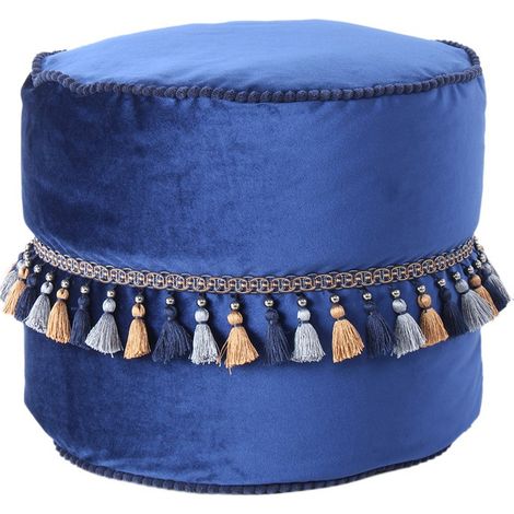 Pouf Taj Mahal in velluto blu con frange (1/3)
