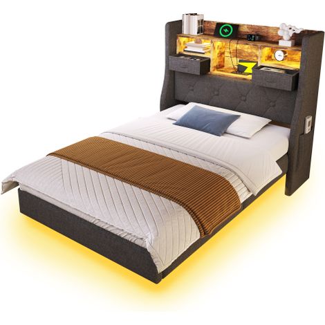 Polsterbett Schwebebett mit LED-Beleuchtung, Kopfteil und Ladestation(1 Type-C, 3 USB-Anschlüsse), Modern Einzelbett mit Stauraum-Kopfteil und lattenrost, Leinen(Ohne Matratze)