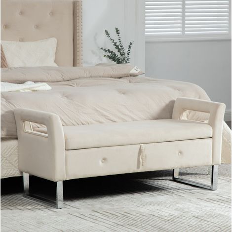Stauraumhocker (119x29x55 cm), mit verstecktem Stauraum, gepolstert, Samt, Beige (1/5)