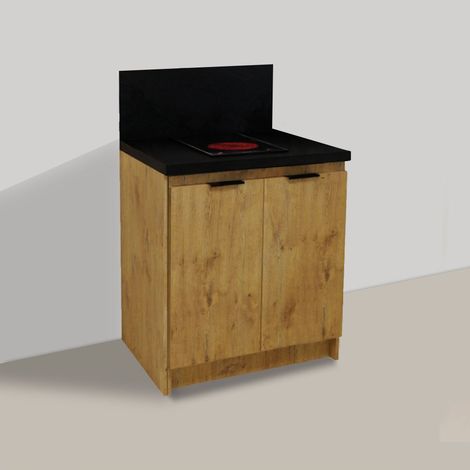 Inoval – Kitchenette chêne golden 80cm – Plaque vitrocéramique domino 3000W – 2 foyers – Dimensions 80x60cm – Meuble bas avec crédence (1/4)