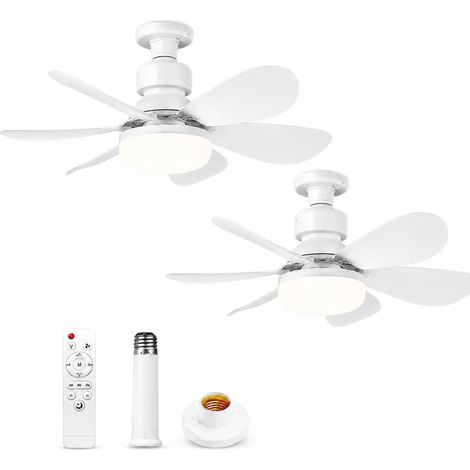 Lot de 2 Ventilateurs de Plafond E27 avec Lumière LED Dimmable 40W, Télécommande, 3 Vitesses, 6 Pales, Silencieux, Blanc 52cm (1/5)