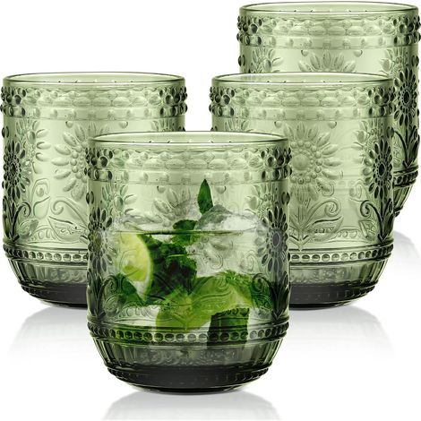 Set of 4 Coloured Water Glass, Stackable Green Set of 4, Vintage Embossed Flower Drinking Glasses for Juices, Beer, Cocktail, Lemonade, Juice, Dishwasher Safe (1/5)