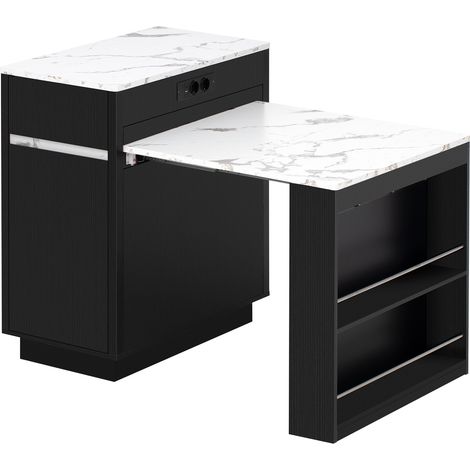 Isola cucina con ruote estensibile in MDF nero con piano effetto marmo bianco e LED (1/5)