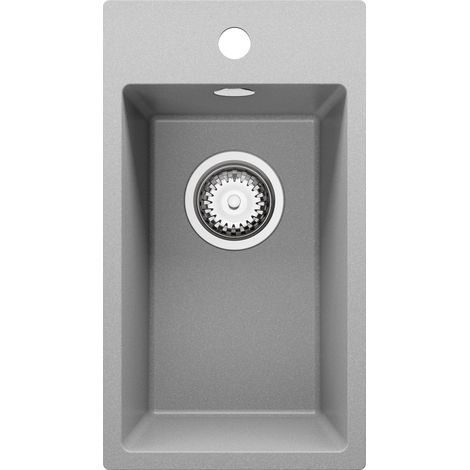 PRIMAGRAN Evier Cuisine en Granit 28x50cm, Lavabo 1 bac + Kit de Vidage, Évier à Encastrer au meuble 30cm - Riga, Gris (1/5)
