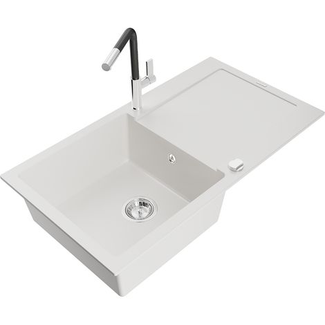 Mexen Leo fregadero de granito de 1 seno con escurridor y grifo de cocina Flora, blanco - 6501-20-670401-07 (1/5)