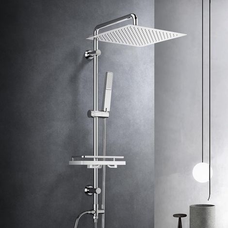 Colonne de douche sans robinetterie, acier inoxydable système de douche avec barre de douche réglable hauteur, pommeau pluie 30x30 cm et étagère, Chromée (1/5)