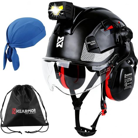 Casque de protection industriel avec lampe frontale LED + visière et protection auditive Pour travaux forestiers, travaux de construction et escalade Casque de (1/5)