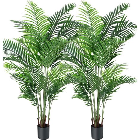 Set mit 2 künstlichen Pflanzen, Deko-Areca-Palme, 150 cm, Kunstpflanze für drinnen und draußen, im Kunststofftopf, Wohnzimmer, Balkon, grüne Deko (1/4)