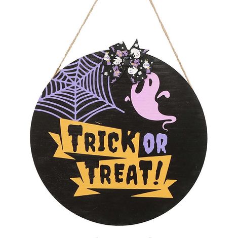 Plaque de porte d'accueil Halloween farce ou friandise joyeux Halloween ornement rond réutilisable accessoires de fête enseigne suspendue en bois Halloween résistant à la décoloration pendentif (1/5)