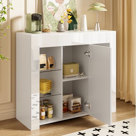 Buffet aus Spanplatte in Weiß mit Hochglanzfront, Tür und Glasregalen, 95 x 35 x 83 cm (1/5)