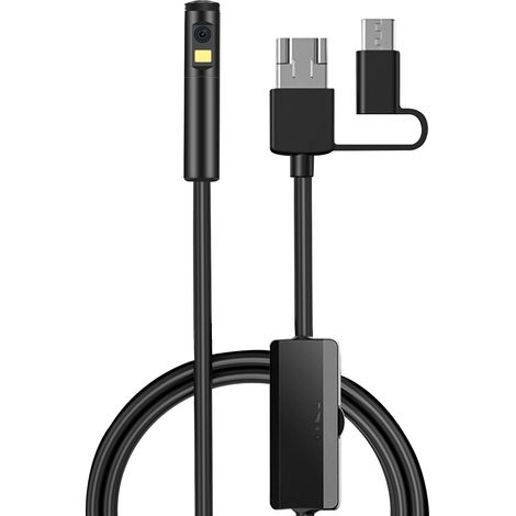 Endoscopio 3 en 1 con doble cámara, resolución de 5 MP y 1080p, 9 LED regulables, resistente al agua con certificación IP68 y cable flexible de 1 metro.