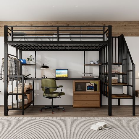 Hochbett 120x200 Metall mit Treppe und Handlauf, Jugendbett mit integriertem Ladeanschluss, Kleiderbügel und Ablagefläche, Schwarz (1/5)