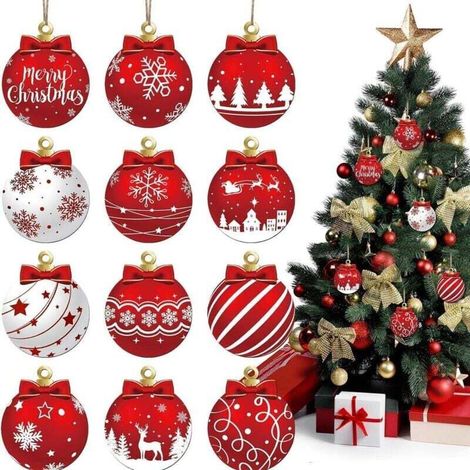 Lot de 12 boules de Noël rouges et blanches à suspendre en bois - Décorations festives pour sapin de Noël avec flocons de neige, rennes et Père Noël