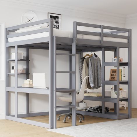 Lit mezzanine enfant bois massif 140x200 avec table, étagères et cintres. Échelle, gris. lits doubles Pour enfant et ado (sans Matelas) (1/5)