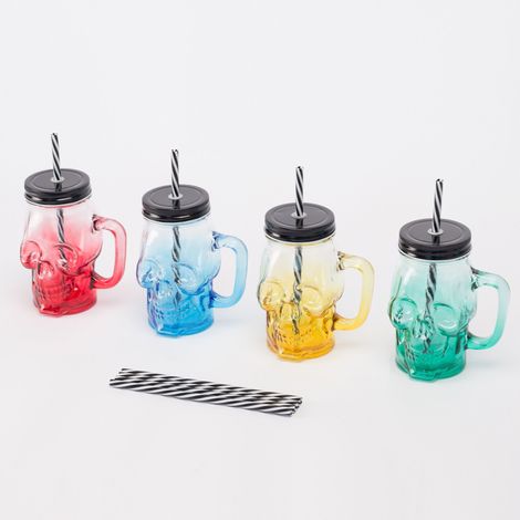Relaxdays drinking glasses with handle, screw lid & straw, set of 4, 500 ml, skull, colourful