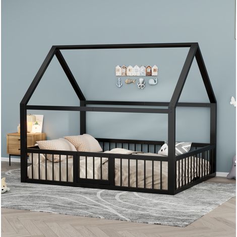 Letto a casetta in metallo nero 140x200 cm, struttura robusta con sponde di sicurezza (1/5)