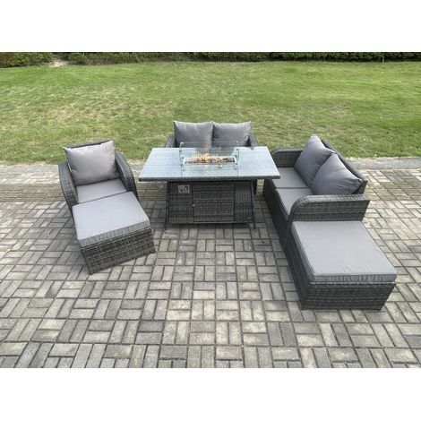 Fimous 6-Sitzer Rattan Gartenmöbel Sofa Set Gas Feuer Grube Esstisch Gasheizung mit Liebe Sofa Großer Fußhocker Dunkelgrau Gemischt (1/5)