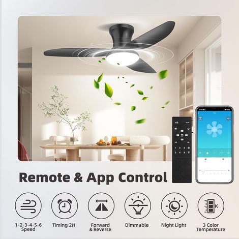 1 Ventilateur de plafond, LED dimmable, 3 pales ABS, 6 vitesses, télécommande, salon chambre (1/5)