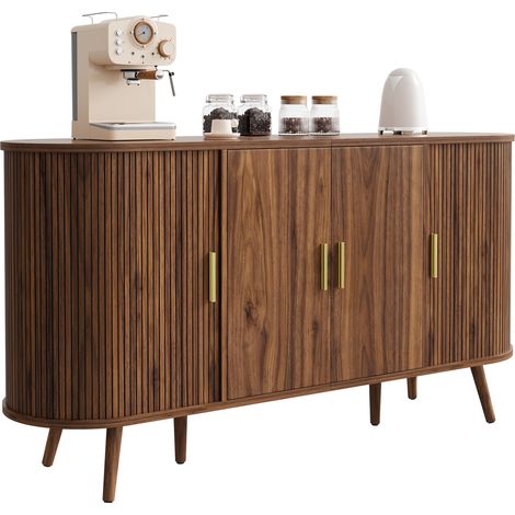 Buffet à portes coulissantes latérales, design incurvé avec panneaux rainurés verticaux, poignées métalliques, meuble de rangement pour salle à manger et entrée. (1/5)