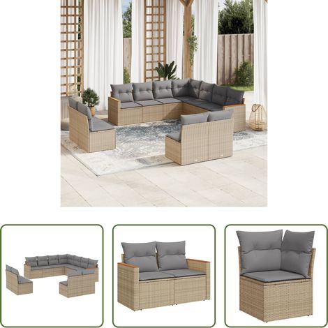 Gartenmöbel - 11-tlg. Garten-Sofagarnitur mit Kissen Beige Poly Rattan (1/5)