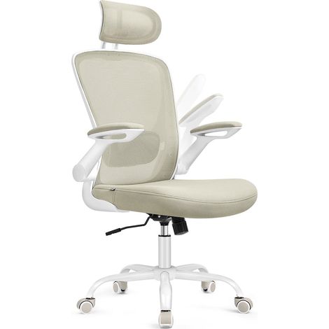 Silla ergonómica de oficina de lona con soporte lumbar acolchado mecanismo de balanceo asiento de 53 cm de ancho reposabrazos abatibles y reposacabezas beige 120004843 (1/4)