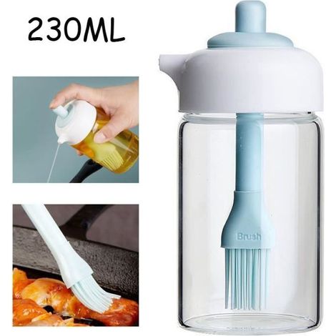 Bouteille d'huile - Distributeur d'Huile d'Olive - Verre et Silicone - 230ml - Bleu clair - Pratique et Durable (1/4)