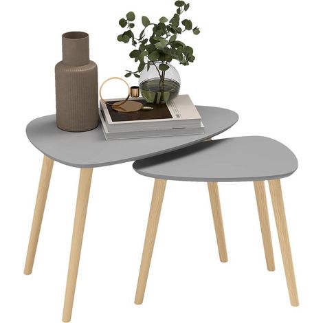 Lot de 2 tables gigognes gris et naturel avec pieds en bois, 59,5x39,5x45 cm, design sobre pour salon moderne