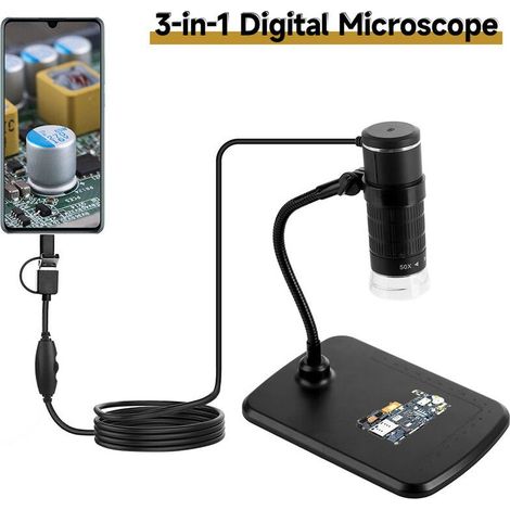 Microscope numérique filaire 3-en-1 Microscope portable 1080P avec grossissement 50X-1000X Type-C + Micro USB + Ports USB (1/4)