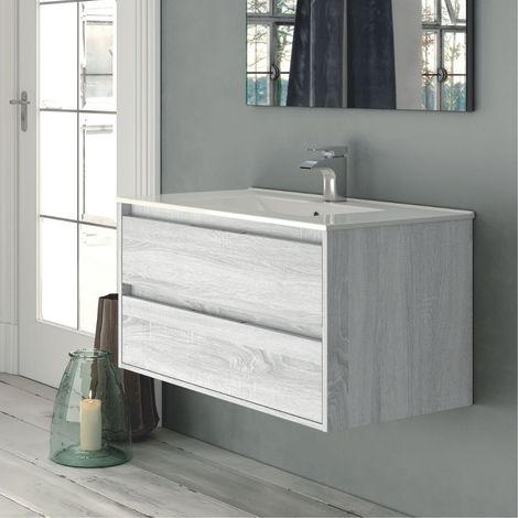 Armoire de toilette murale avec 2 tiroirs en chêne gris glacier 80x45x48H cm - Konni (1/2)