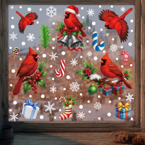 Décorations de Noël pour fenêtres, motifs d'oiseaux rouges mignons, décorations pour portes et fenêtres vitrées de chambre à coucher, autocollants statiques pour fenêtres - [Trois ensembles] 642+643+6