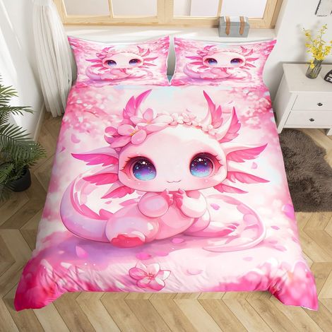 Parure de lit Axolotl avec housse de couette 135 x 200 cm, motif créature, mer, rose et fleurs de cerisier, reptiles, pour enfants, filles, garçons (1/5)