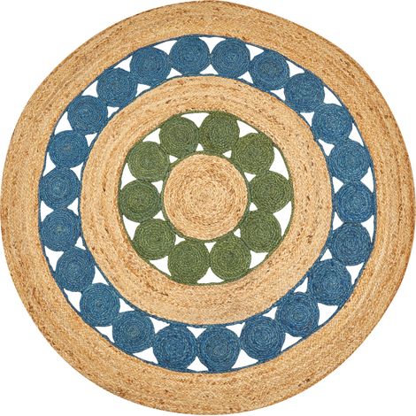 Alfombra de yute natural azul verde 140 cm a mano espiral trenzado Hovit
