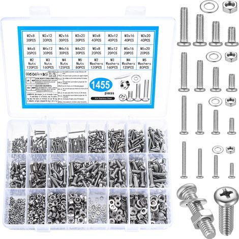 1455 Pcs Boulon M2 M3 M4 M5, Vis et Écrous, Vis à Tête Ronde Cruciforme et Rondelles, Assortiment de Boulons et Écrous en Acier Inoxydable, Visserie Inox (1/5)