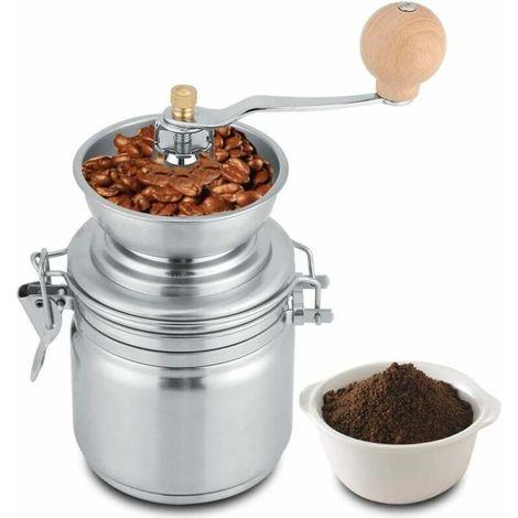 Moulin à café manuel en acier inoxydable, à mouture réglable et au design ergonomique, finition cuivre style vintage. (1/5)