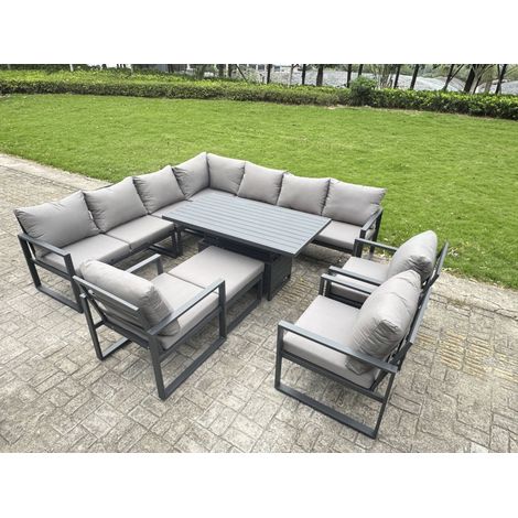 Fimous 11 Seater Aluminium Sofa Set 10 Pieces Outdoor Garden Furniture - Rising Dining Table with Cushions Big Footstool 3 Chairs Footstool Dark Grey (1/5)